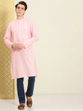 House of Pataudi Men Chikankari Yoke Design Pastels Pure Cotton Rozana Kurta | Grocsy