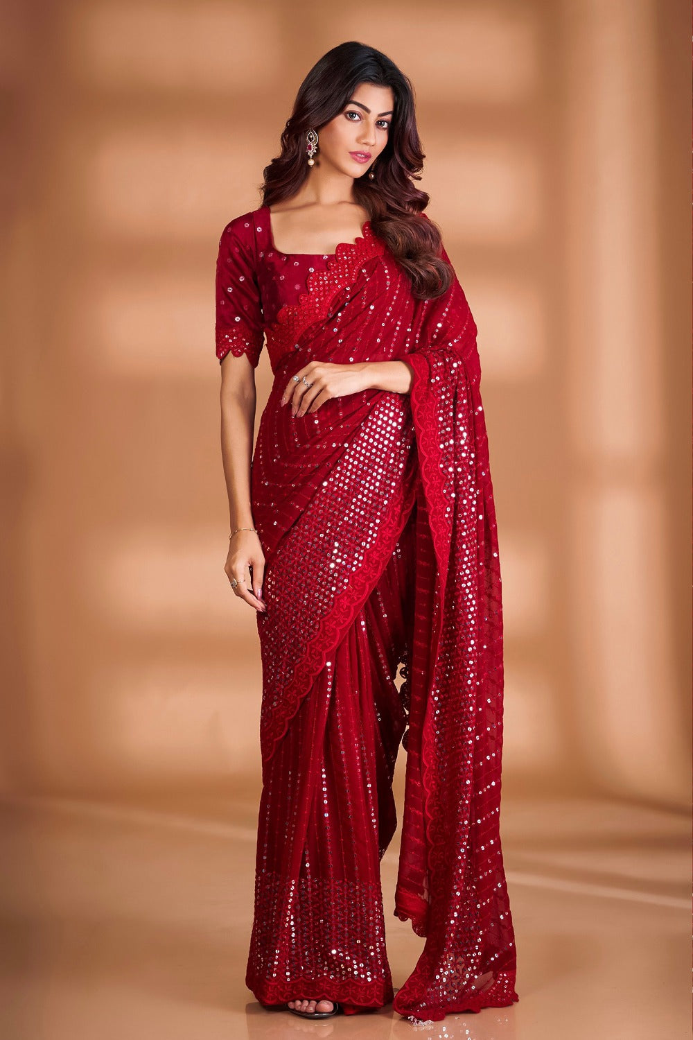 Teeya Creation Red Color Georgette Embroidery Work Saree | Grocsy