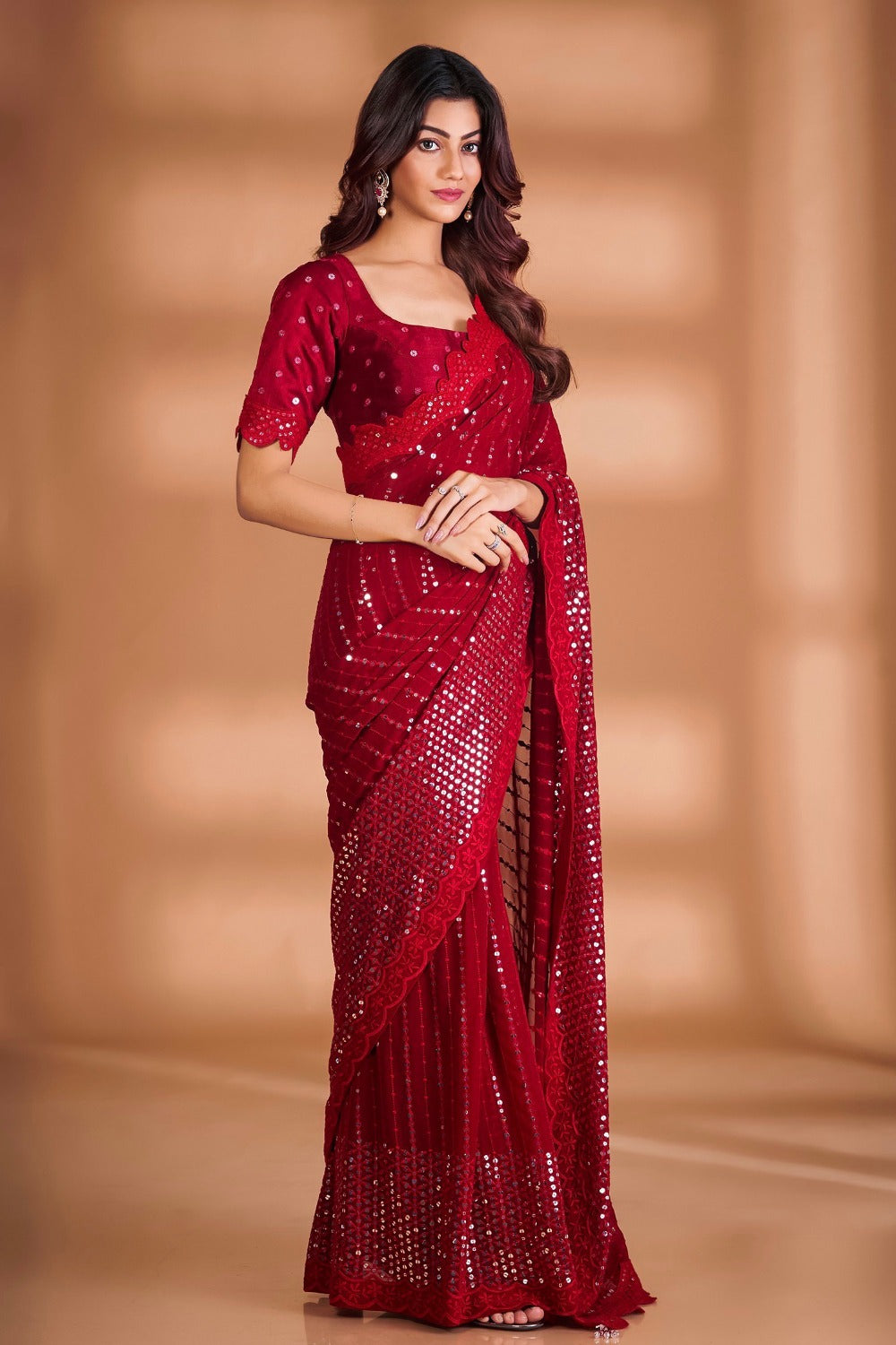 Teeya Creation Red Color Georgette Embroidery Work Saree | Grocsy