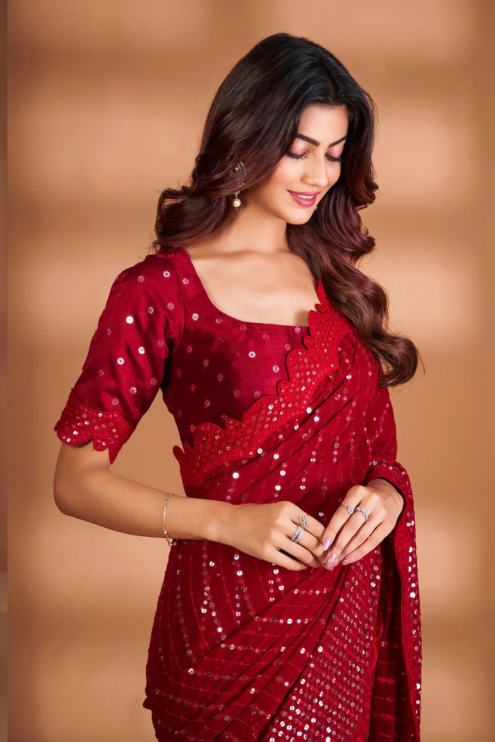 Teeya Creation Red Color Georgette Embroidery Work Saree | Grocsy