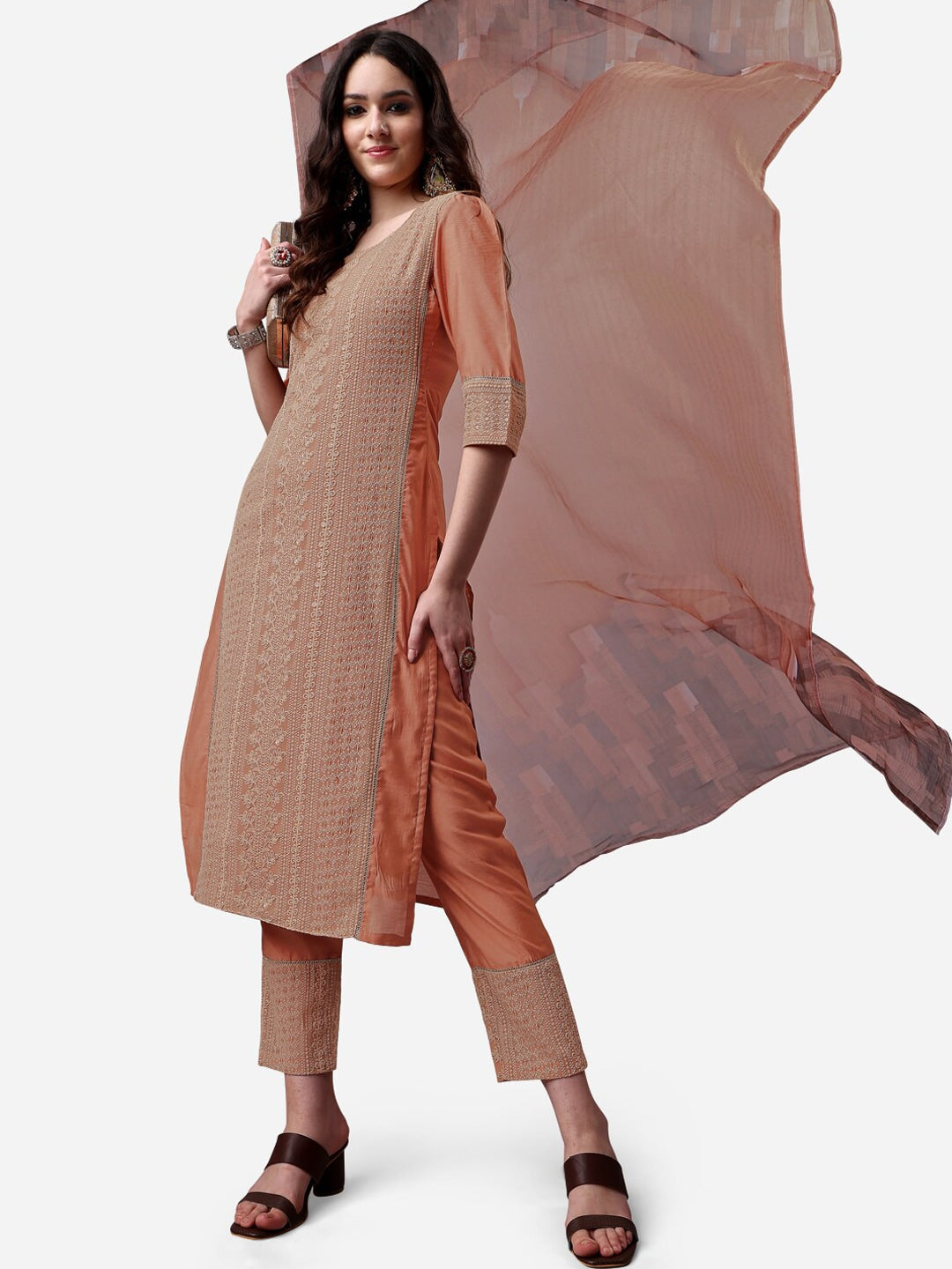 HERE&NOW Lucknowi Chikankari Schiffli Chanderi Silk Kurta Trousers with Organza Dupatta | Grocsy