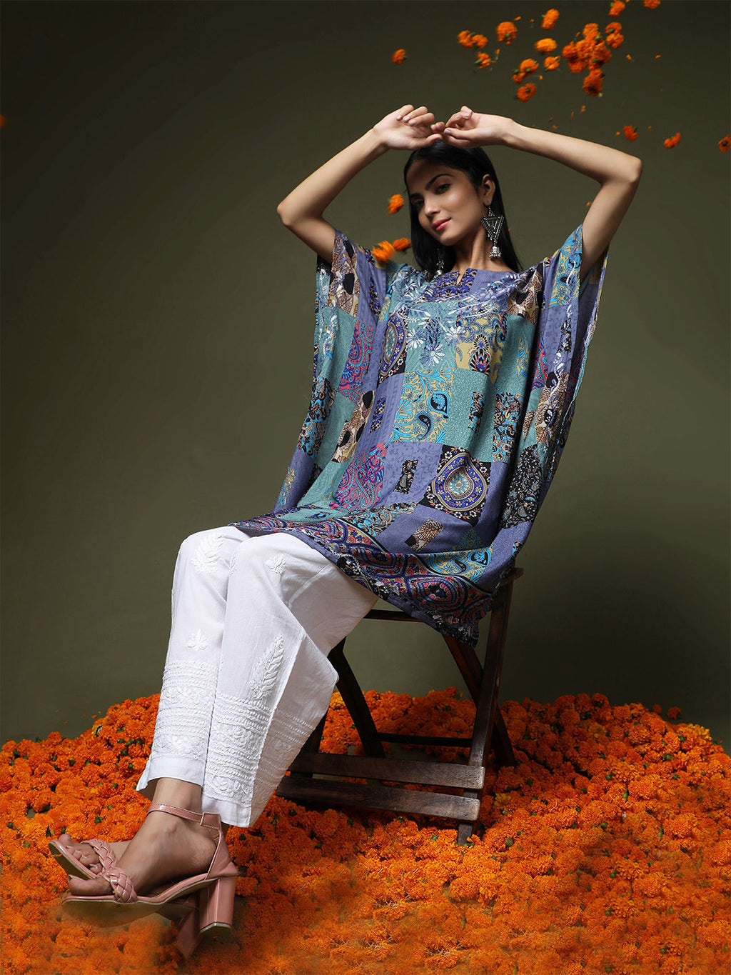 HOUSE OF KARI Ethnic Motifs Printed Notched Neck Chikankari Embroidery Cotton Kaftan Kurta | Grocsy