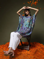 HOUSE OF KARI Ethnic Motifs Printed Notched Neck Chikankari Embroidery Cotton Kaftan Kurta | Grocsy