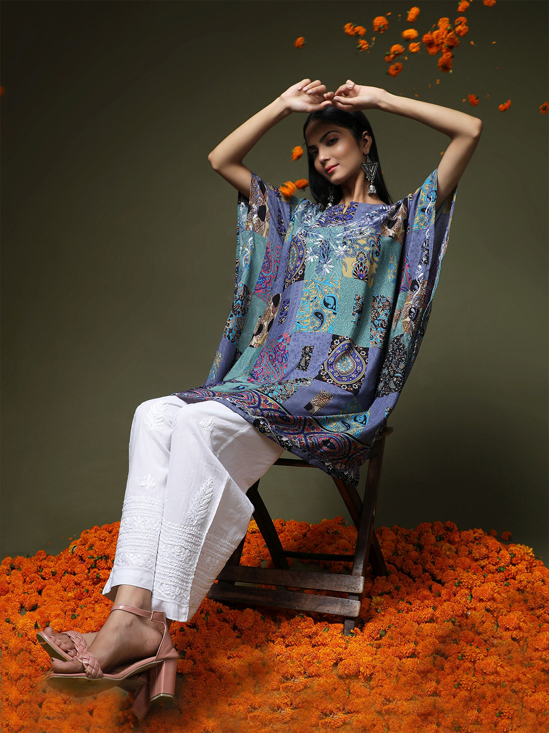 HOUSE OF KARI Ethnic Motifs Printed Notched Neck Chikankari Embroidery Cotton Kaftan Kurta | Grocsy
