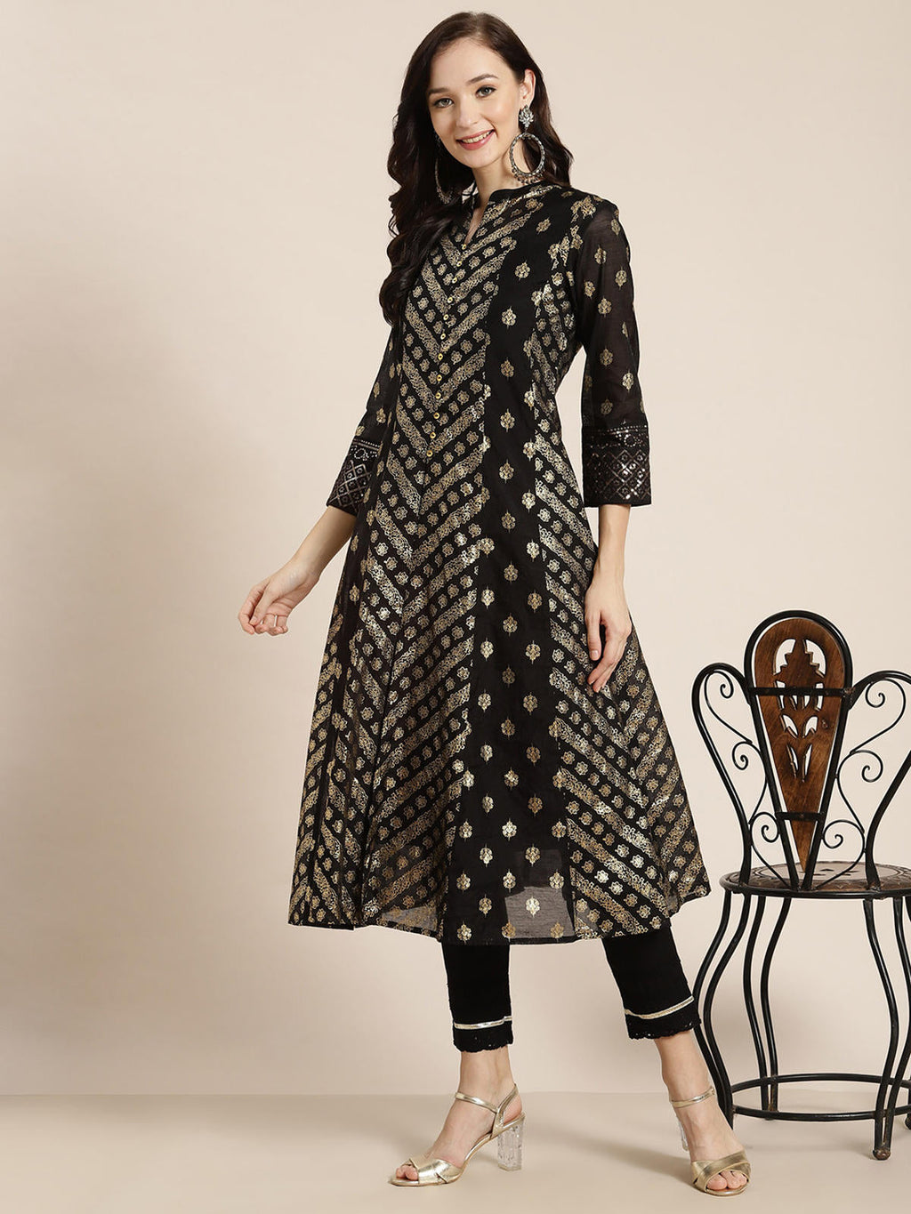 Juniper Women's Juniper Women`s Black Chanderi Silk Printed Anarkali Kurta | Grocsy