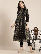 Juniper Women's Juniper Women`s Black Chanderi Silk Printed Anarkali Kurta | Grocsy