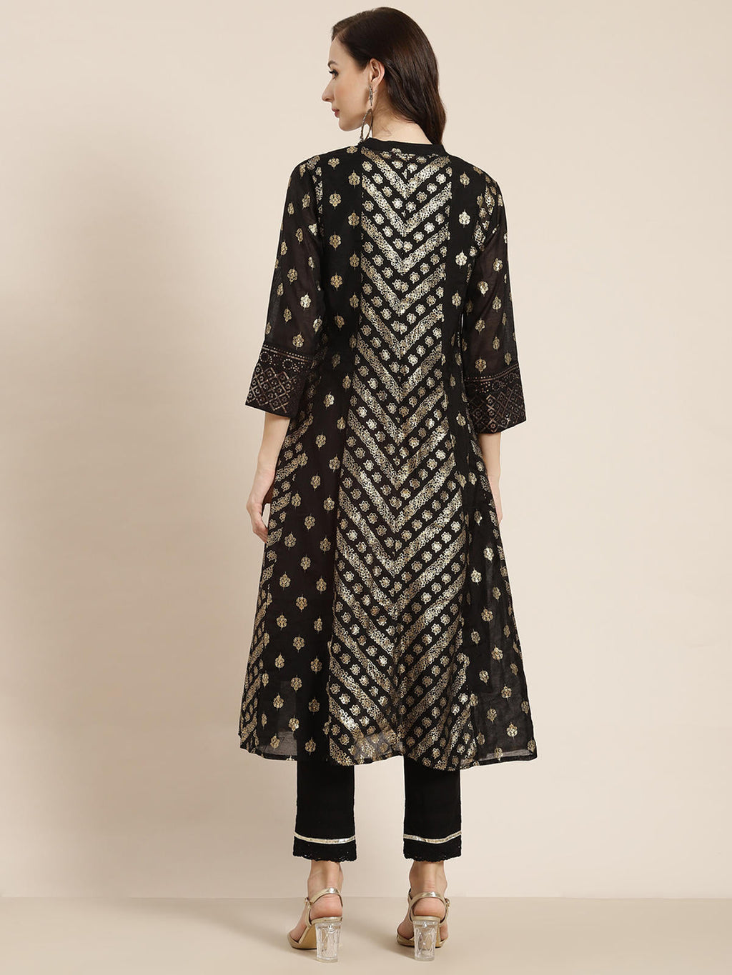 Juniper Women's Juniper Women`s Black Chanderi Silk Printed Anarkali Kurta | Grocsy