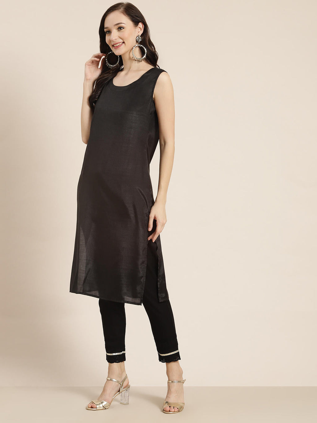 Juniper Women's Juniper Women`s Black Chanderi Silk Printed Anarkali Kurta | Grocsy