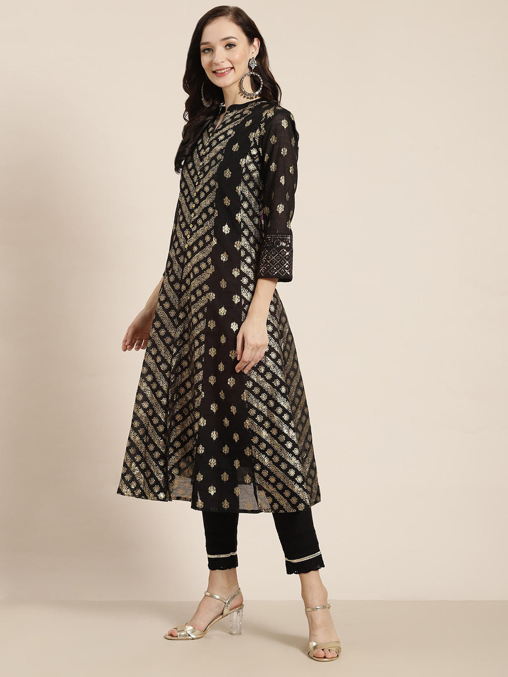 Juniper Women's Juniper Women`s Black Chanderi Silk Printed Anarkali Kurta | Grocsy