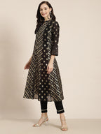 Juniper Women's Juniper Women`s Black Chanderi Silk Printed Anarkali Kurta | Grocsy