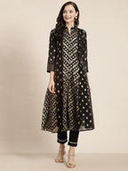 Juniper Women's Juniper Women`s Black Chanderi Silk Printed Anarkali Kurta | Grocsy