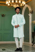 Raivat Ethnic Mens Jacquard Silk Embroidery Work Sherwani In Sky Blue Colour | Grocsy