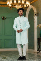 Raivat Ethnic Mens Jacquard Silk Embroidery Work Sherwani In Sky Blue Colour | Grocsy