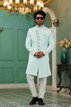 Raivat Ethnic Mens Jacquard Silk Embroidery Work Sherwani In Sky Blue Colour | Grocsy