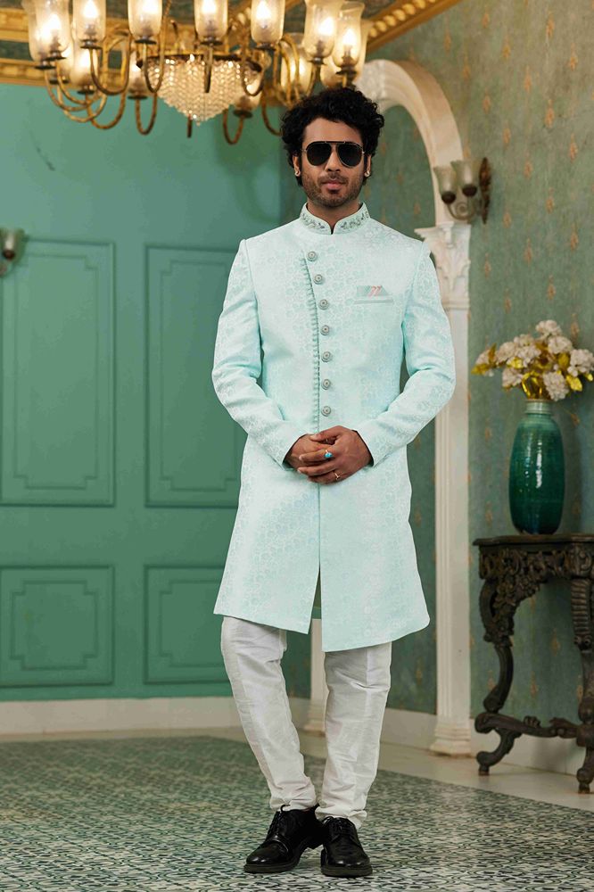 Raivat Ethnic Mens Jacquard Silk Embroidery Work Sherwani In Sky Blue Colour | Grocsy