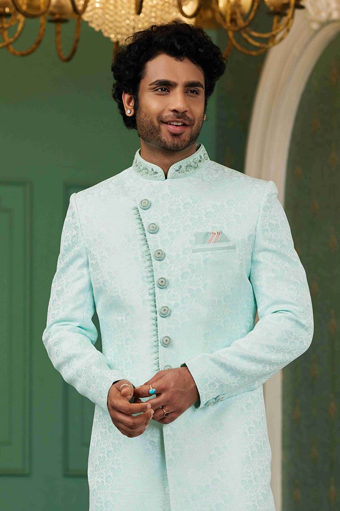 Raivat Ethnic Mens Jacquard Silk Embroidery Work Sherwani In Sky Blue Colour | Grocsy