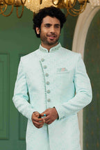 Raivat Ethnic Mens Jacquard Silk Embroidery Work Sherwani In Sky Blue Colour | Grocsy