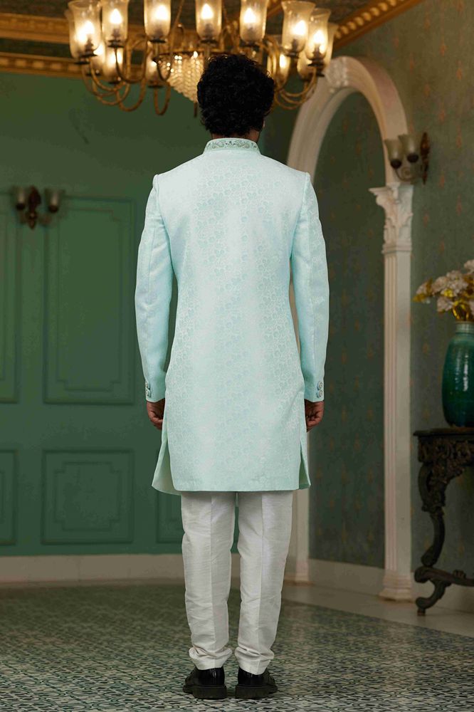 Raivat Ethnic Mens Jacquard Silk Embroidery Work Sherwani In Sky Blue Colour | Grocsy