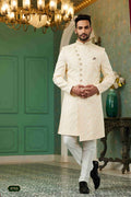 Raivat Ethnic Mens Jacquard Silk Embroidery Work Sherwani In Light Gold Colour | Grocsy