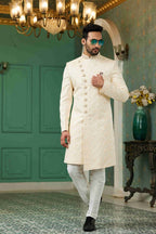 Raivat Ethnic Mens Jacquard Silk Embroidery Work Sherwani In Light Gold Colour | Grocsy