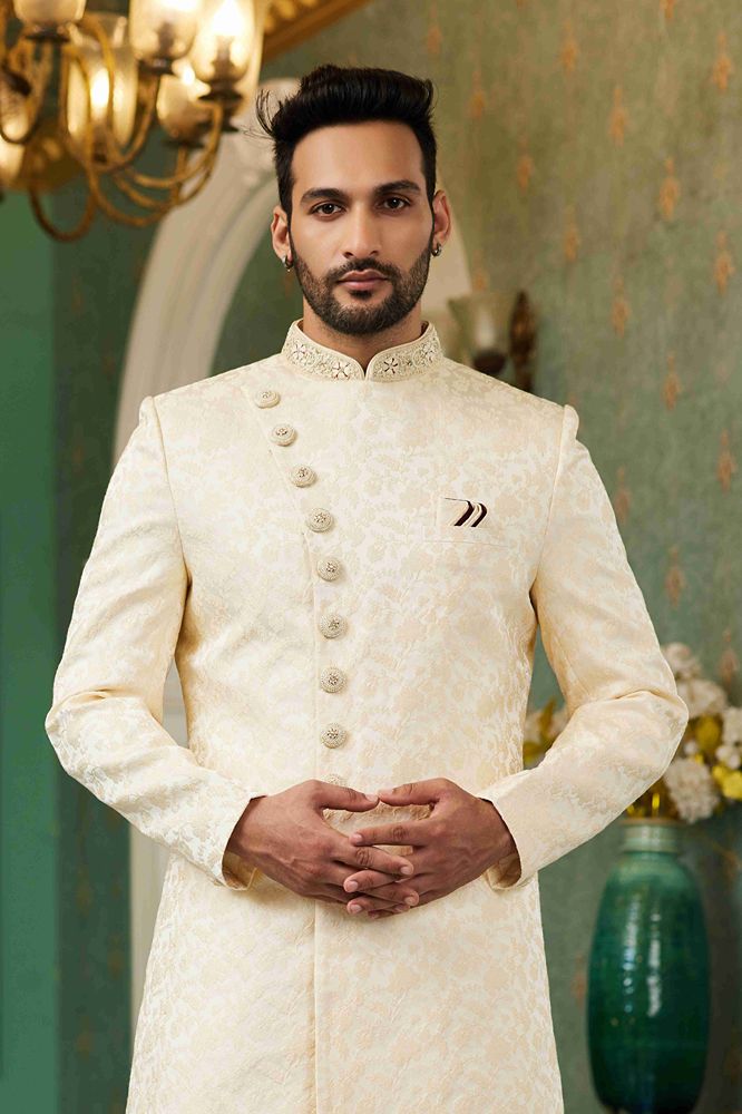 Raivat Ethnic Mens Jacquard Silk Embroidery Work Sherwani In Light Gold Colour | Grocsy