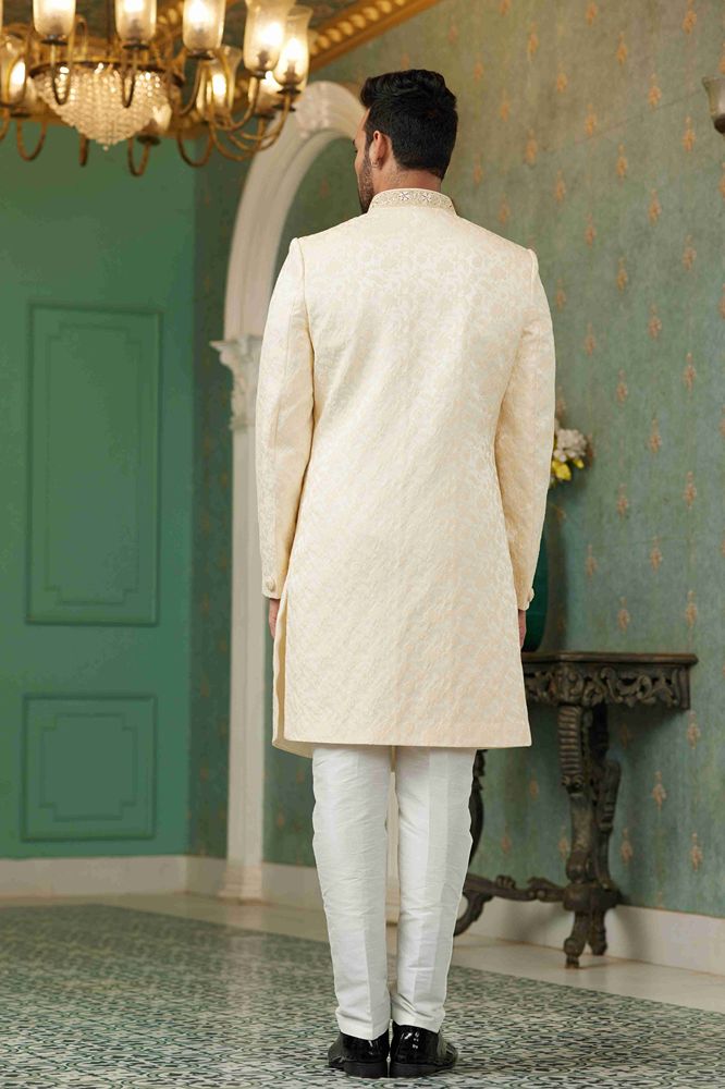 Raivat Ethnic Mens Jacquard Silk Embroidery Work Sherwani In Light Gold Colour | Grocsy