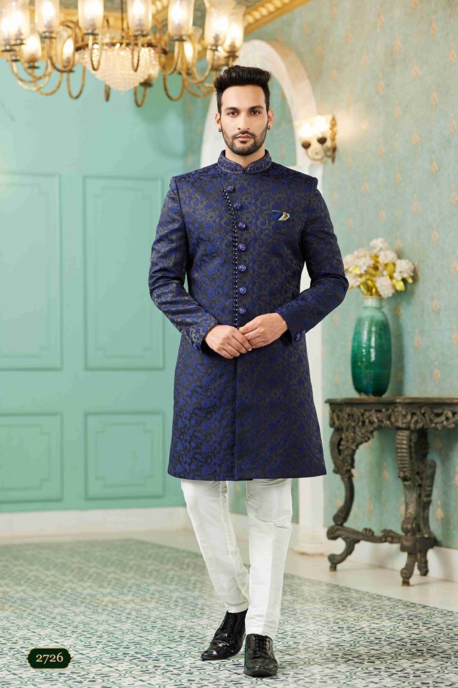 Raivat Ethnic Mens Jacquard Silk Embroidery Work Sherwani In Blue Colour | Grocsy