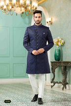 Raivat Ethnic Mens Jacquard Silk Embroidery Work Sherwani In Blue Colour | Grocsy