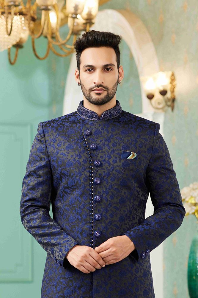 Raivat Ethnic Mens Jacquard Silk Embroidery Work Sherwani In Blue Colour | Grocsy