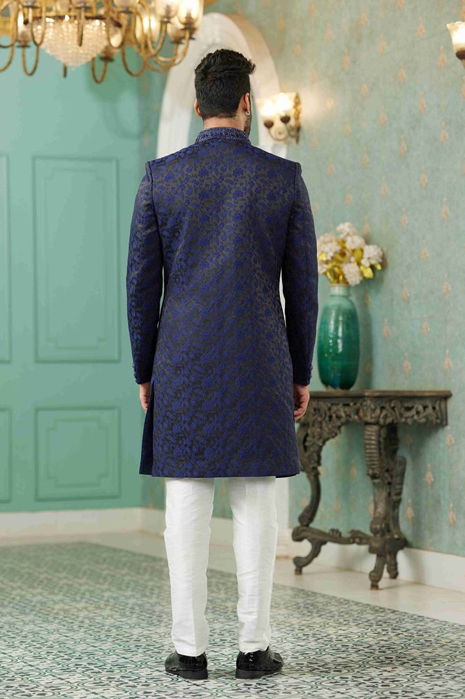 Raivat Ethnic Mens Jacquard Silk Embroidery Work Sherwani In Blue Colour | Grocsy