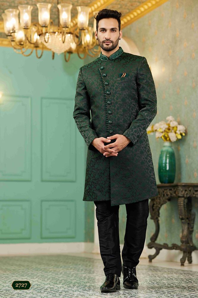 Raivat Ethnic Mens Jacquard Silk Embroidery Work Sherwani In Green Colour | Grocsy