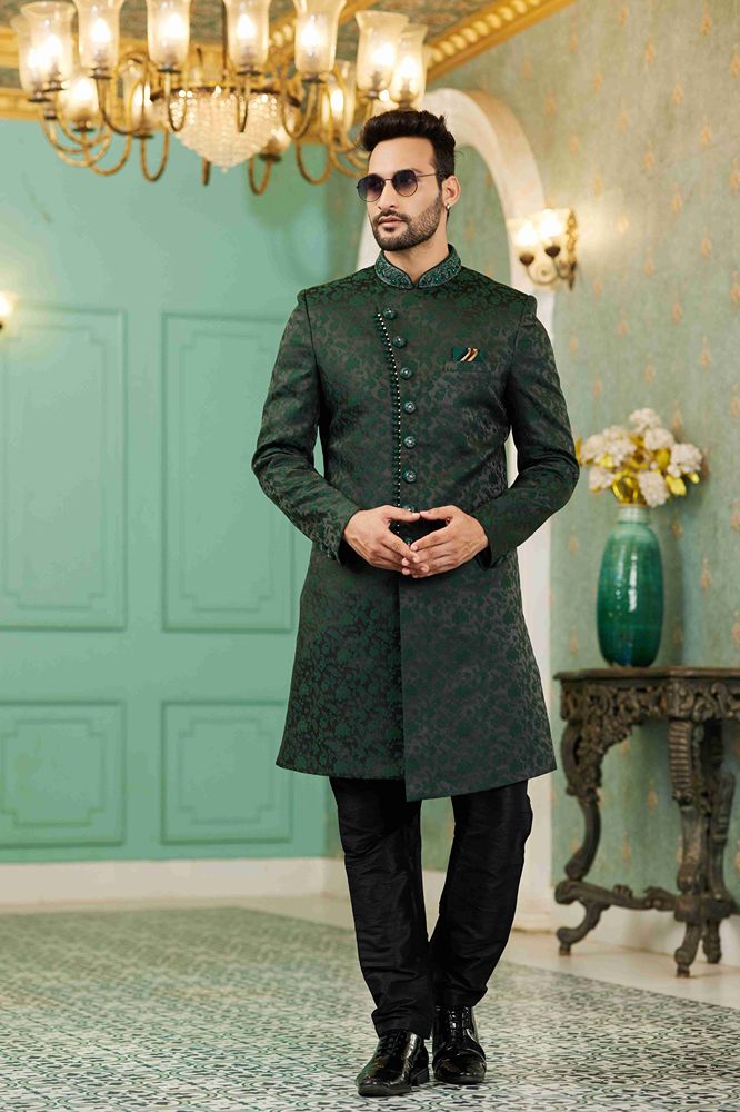 Raivat Ethnic Mens Jacquard Silk Embroidery Work Sherwani In Green Colour | Grocsy