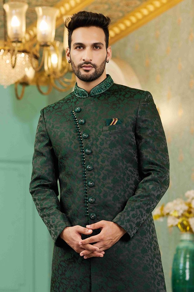 Raivat Ethnic Mens Jacquard Silk Embroidery Work Sherwani In Green Colour | Grocsy