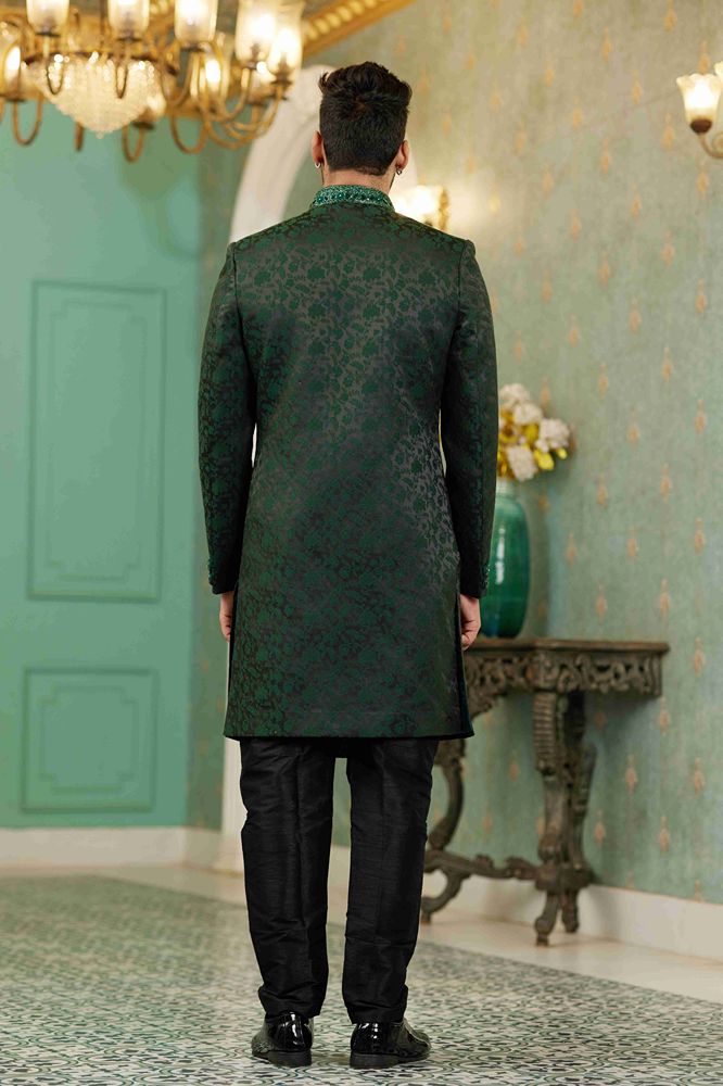 Raivat Ethnic Mens Jacquard Silk Embroidery Work Sherwani In Green Colour | Grocsy