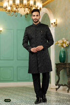 Raivat Ethnic Mens Jacquard Silk Embroidery Work Sherwani In Black Colour | Grocsy
