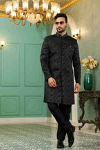 Raivat Ethnic Mens Jacquard Silk Embroidery Work Sherwani In Black Colour | Grocsy