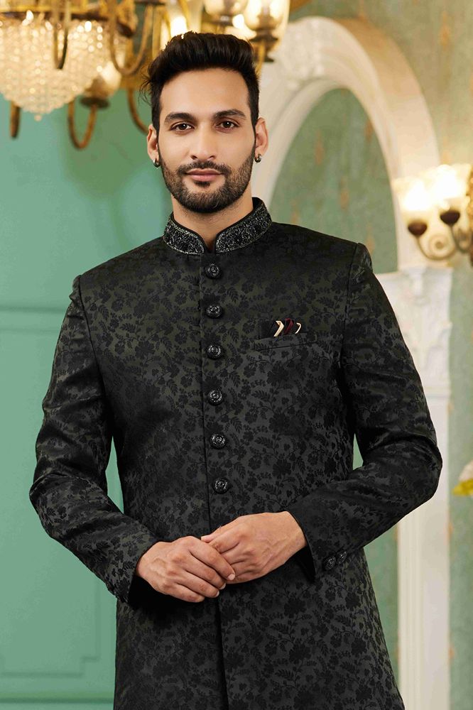 Raivat Ethnic Mens Jacquard Silk Embroidery Work Sherwani In Black Colour | Grocsy