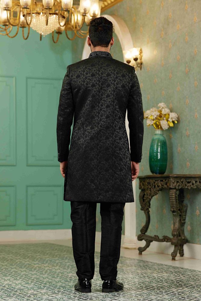 Raivat Ethnic Mens Jacquard Silk Embroidery Work Sherwani In Black Colour | Grocsy