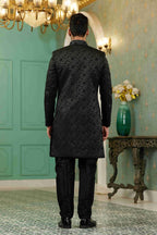 Raivat Ethnic Mens Jacquard Silk Embroidery Work Sherwani In Black Colour | Grocsy