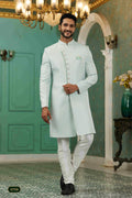 Raivat Ethnic Mens Jacquard Silk Embroidery Work Sherwani In Sky Blue Colour | Grocsy