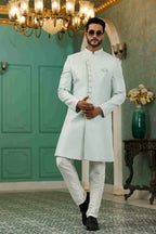 Raivat Ethnic Mens Jacquard Silk Embroidery Work Sherwani In Sky Blue Colour | Grocsy