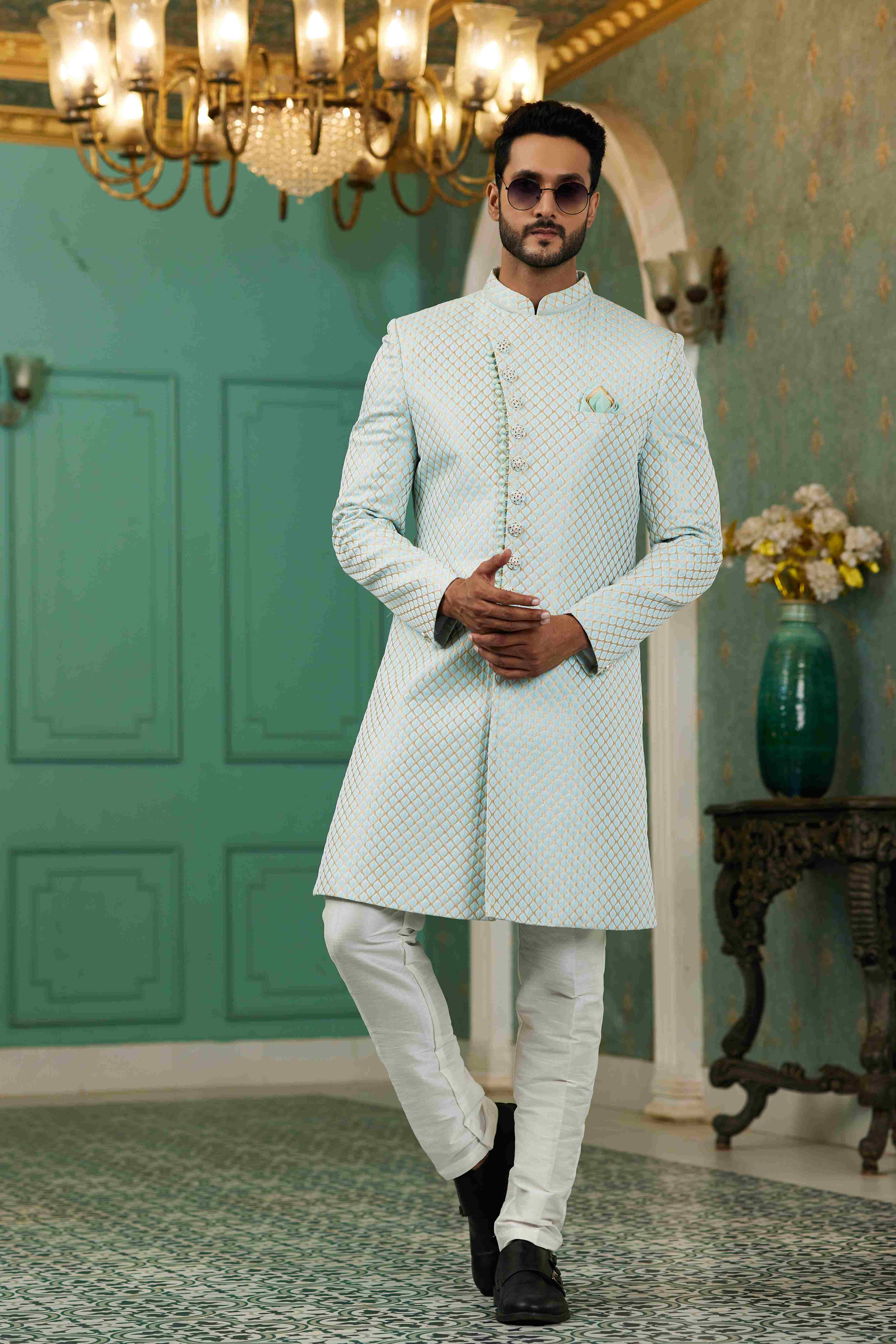 Raivat Ethnic Mens Jacquard Silk Embroidery Work Sherwani In Sky Blue Colour | Grocsy
