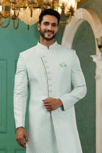 Raivat Ethnic Mens Jacquard Silk Embroidery Work Sherwani In Sky Blue Colour | Grocsy