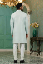 Raivat Ethnic Mens Jacquard Silk Embroidery Work Sherwani In Sky Blue Colour | Grocsy