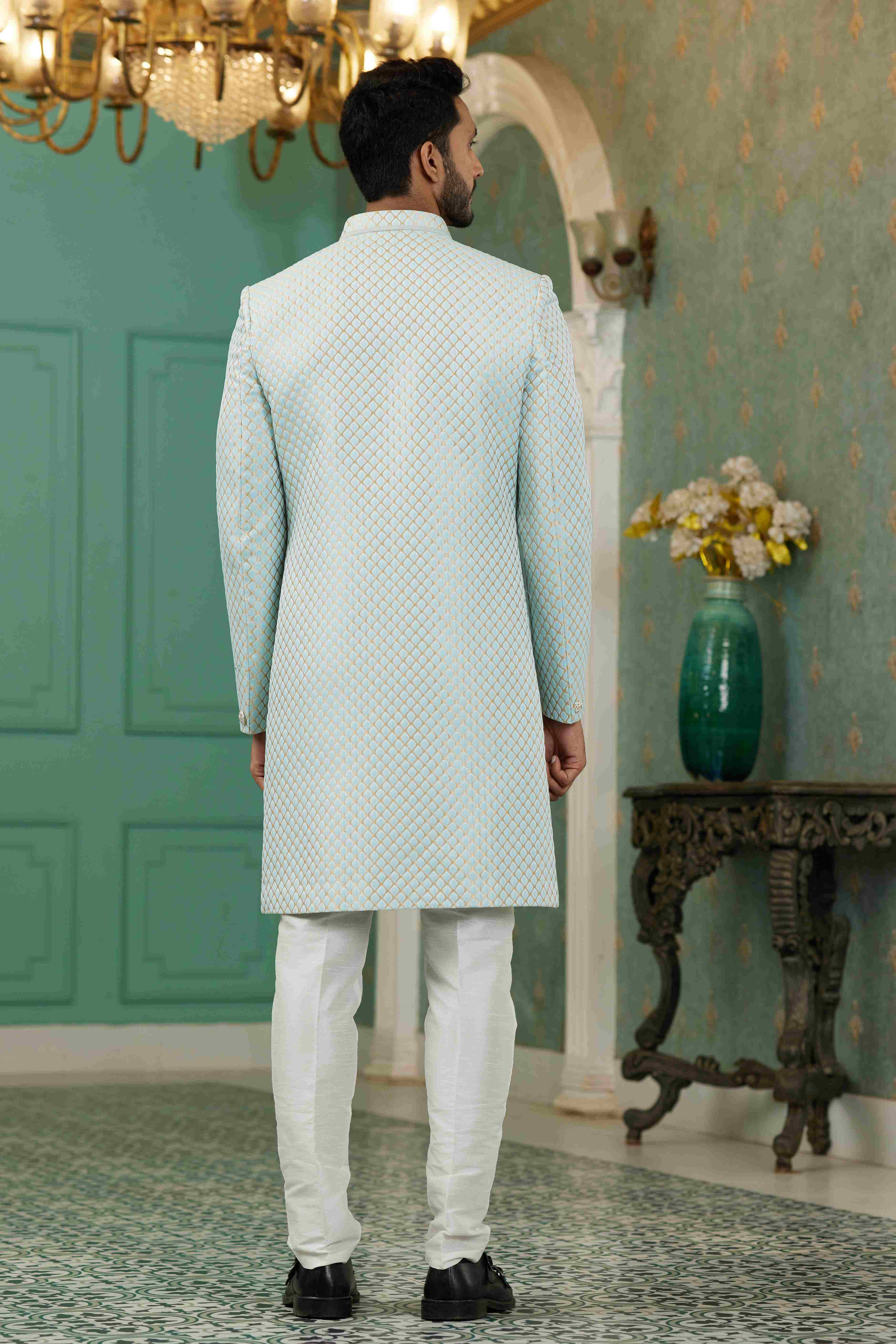 Raivat Ethnic Mens Jacquard Silk Embroidery Work Sherwani In Sky Blue Colour | Grocsy