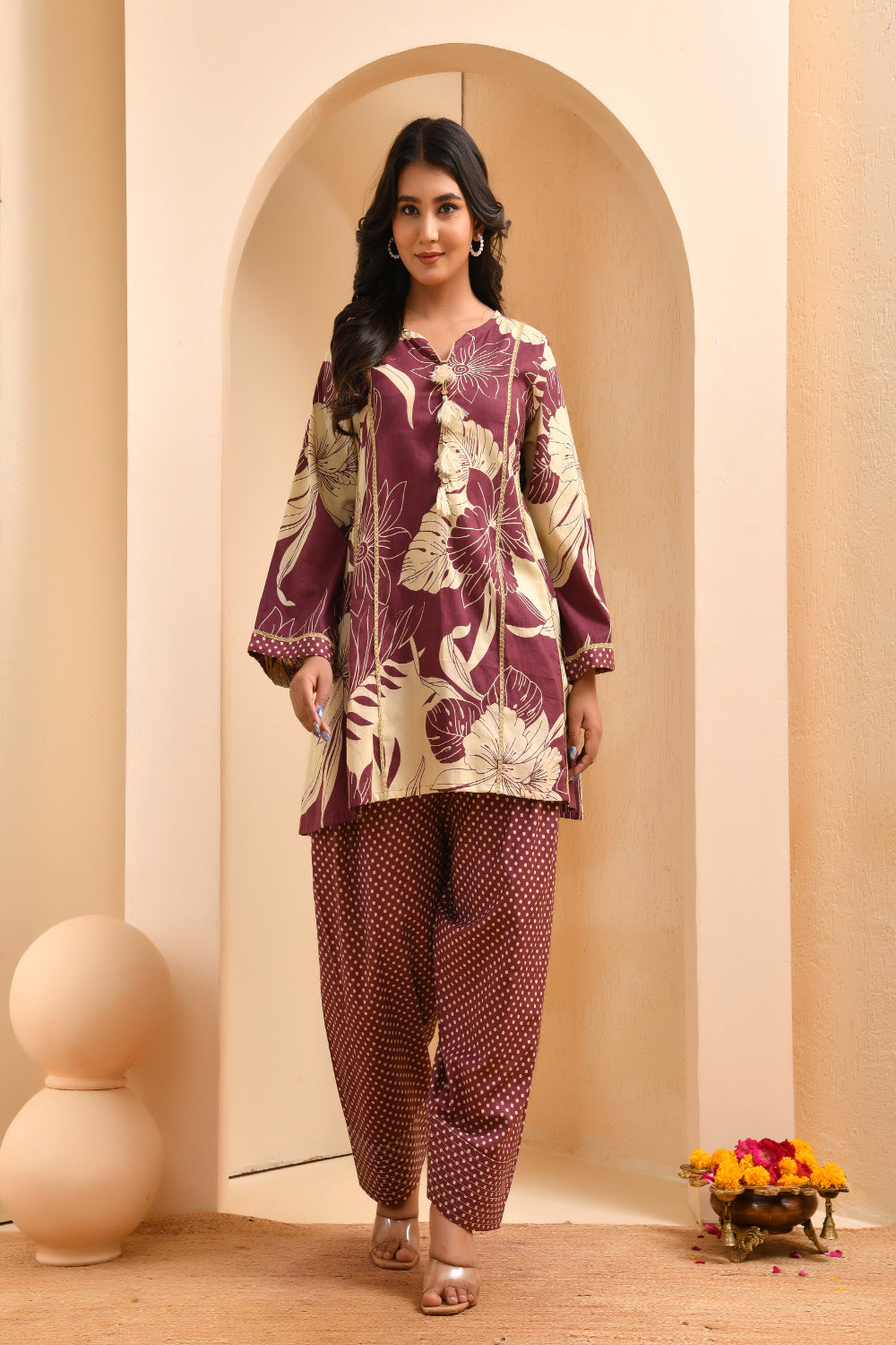 Vaasva Women Brown Cotton Cord Set With Fashi Pant | Grocsy