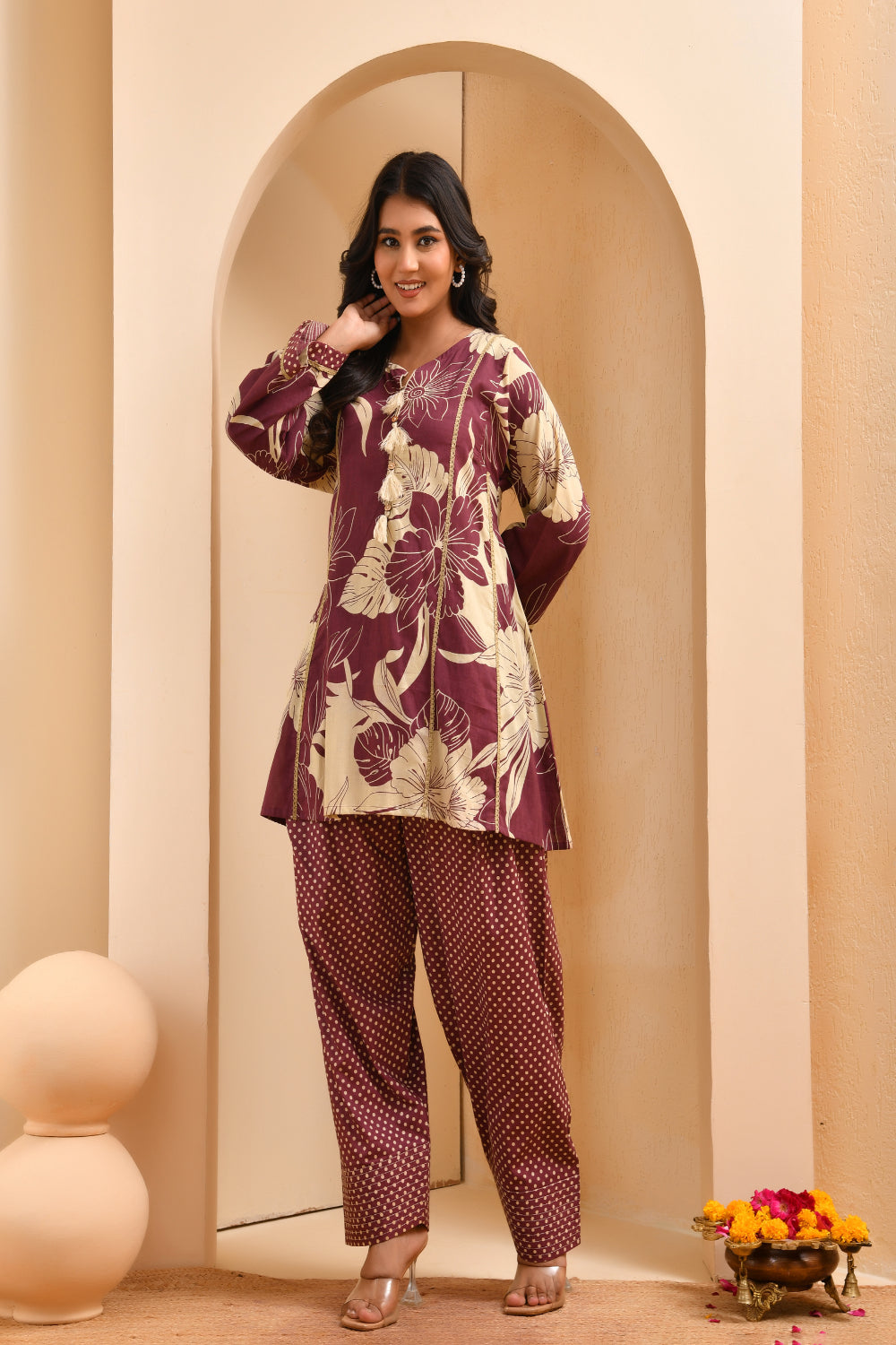 Vaasva Women Brown Cotton Cord Set With Fashi Pant | Grocsy
