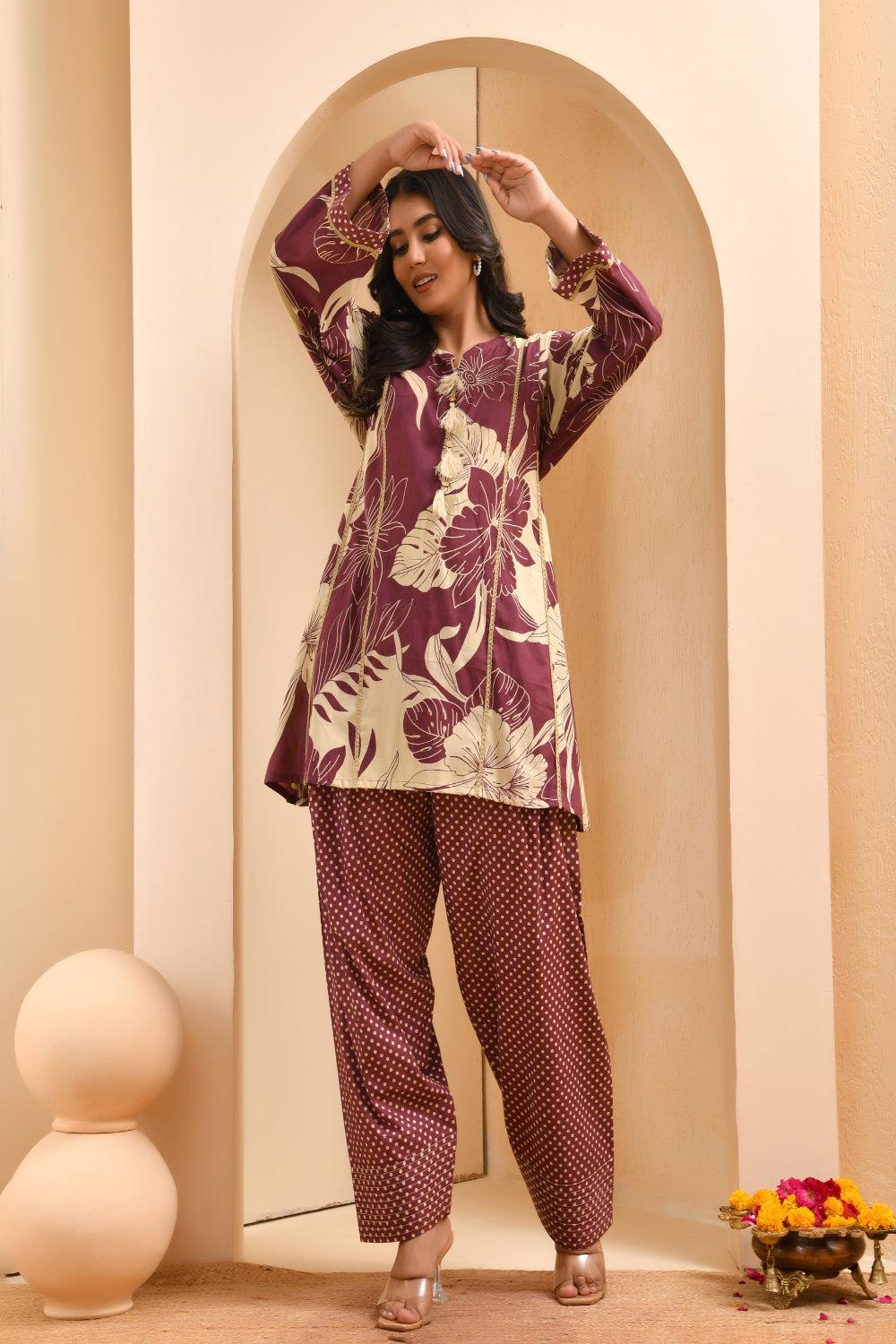 Vaasva Women Brown Cotton Cord Set With Fashi Pant | Grocsy