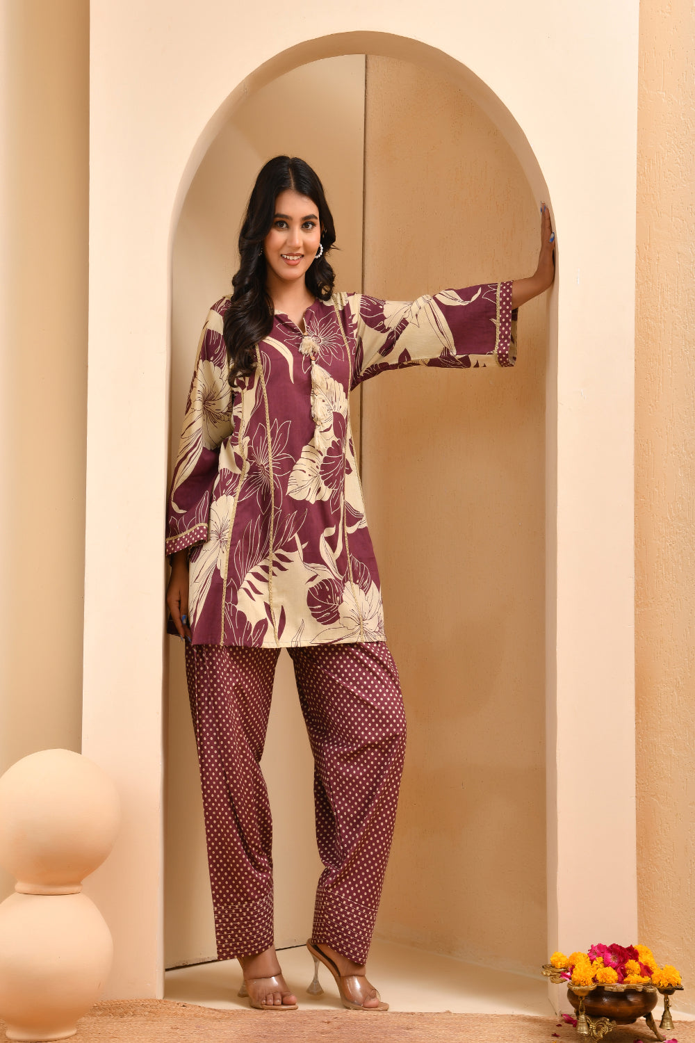 Vaasva Women Brown Cotton Cord Set With Fashi Pant | Grocsy