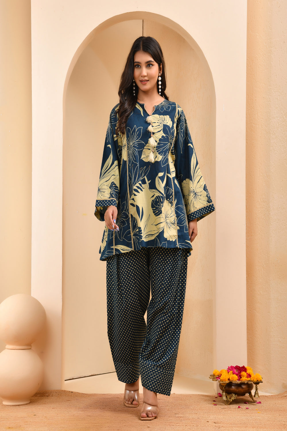 Vaasva Women Cobalt Blue Cotton Cord Set With Fashi Pant | Grocsy